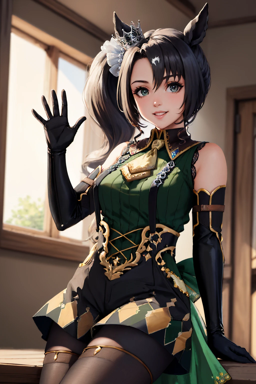 (masterpiece, best quality:1.2), solo, 1girl, satonocrown, smile, looking at viewer, waving, side ponytail, horse ears, sleeveless, elbow gloves, shorts, pantyhose, horse tail, bare shoulders <lora:umamusume_satonocrown-10:1>