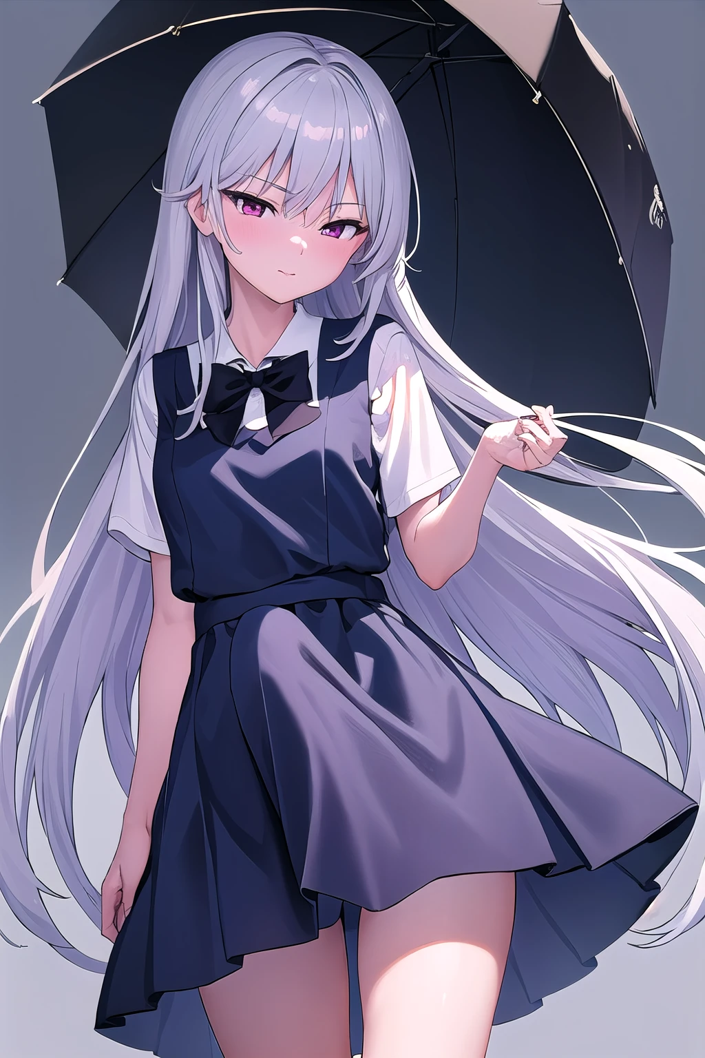 masterpiece, best quality, ultra-high-detailed, erection under clothes, 1girl, kazami kazuki, silver hair, long hair, purple eyes, school uniform, black bow