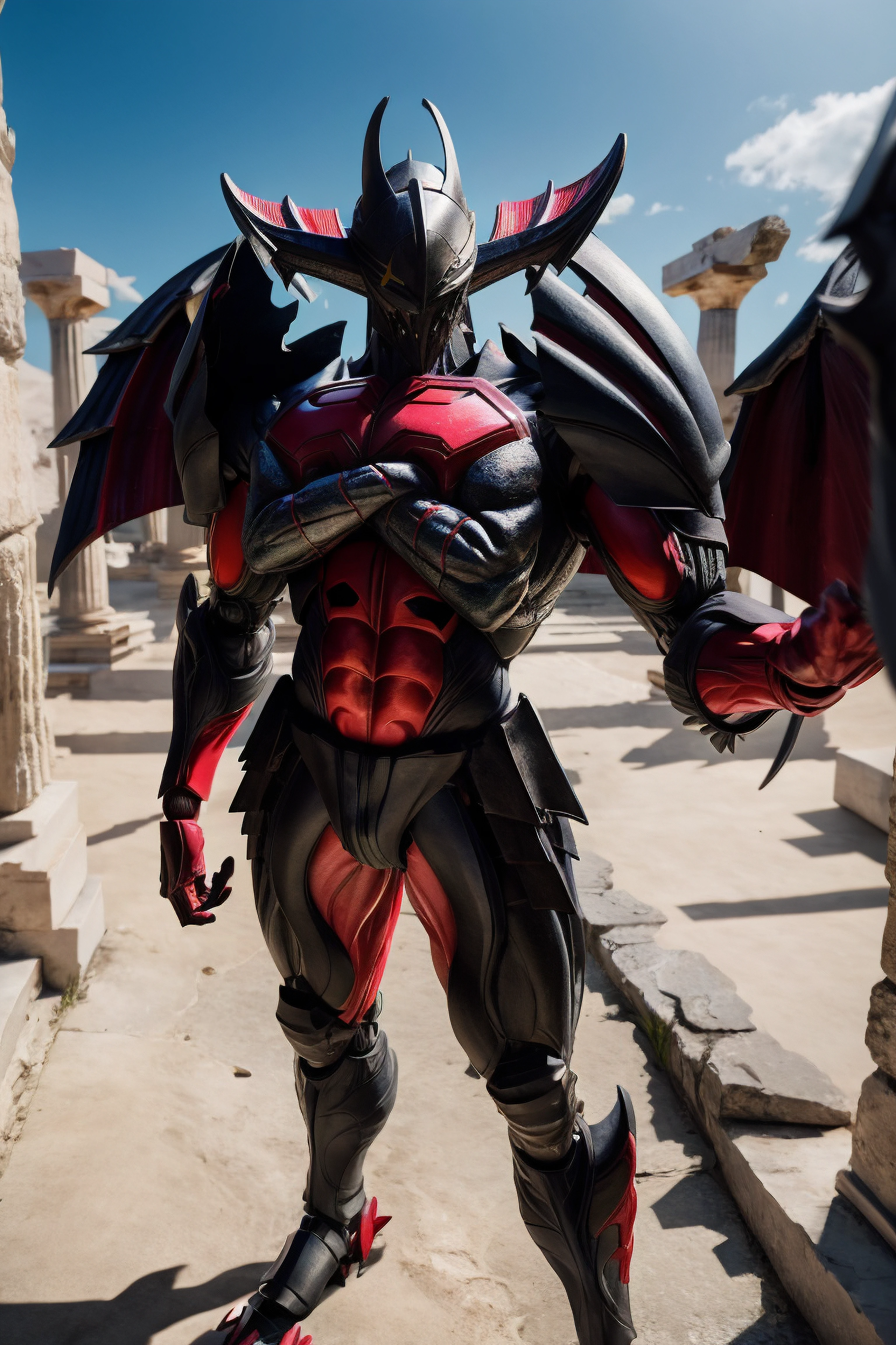 solo, (MH DIABLOS ARMOR:1.2), horn, Mecha , male, robot, (wings:1.25), crossed arms,(helmet:1.1),Atlantis greek temple ruins, no humans, full_armor, armor, realistic, standing, armor, solo, detail_face, outdoors,(muscular:1.15),,Selfie,standing, (full body:1.3), (body front:1.3), standing, robot,claws, Atlantis greek temple ruins
(8k, RAW photo:1.2), cinematic lighting, best quality, ultra high res, (photorealistic:1.3), full body ,looking at the camera, <lora:image enhancer extreme_v1:1> , hands down, <lora:MH DIABLOS ARMOR:0.8> ,
