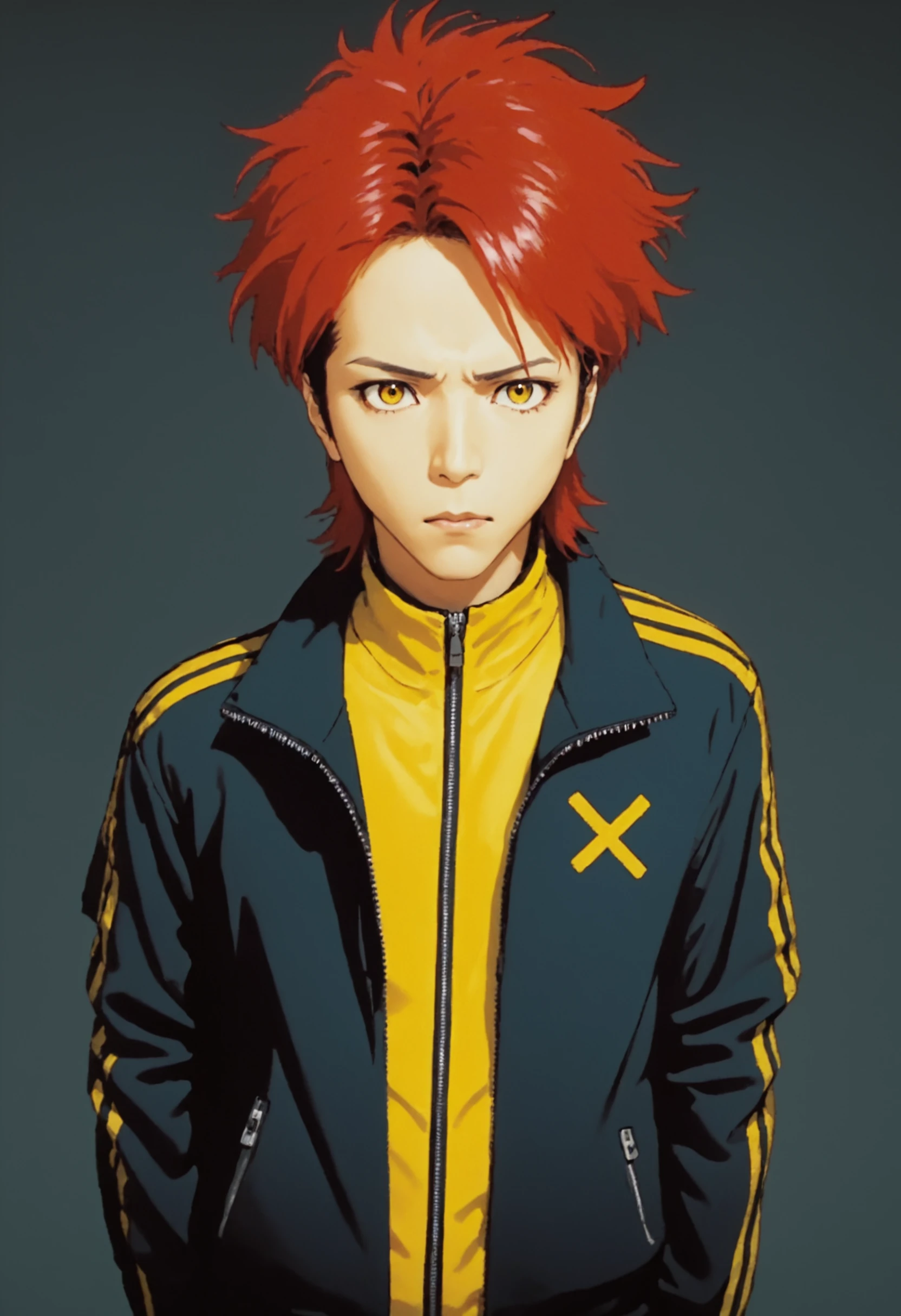 Hideto Matsumoto, solo, looking at viewer, 1boy, closed mouth, jacket, upper body, male focus, red hair, zipper, yellow theme, masterpiece, official art, <lora:hide_SDXL:0.6>