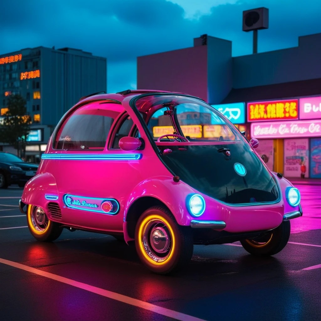 cinematic photo a bubble car, cyberpunk background, neon lights <lora:Isetta1024:0.8> . 35mm photograph, film, bokeh, professional, 4k, highly detailed
