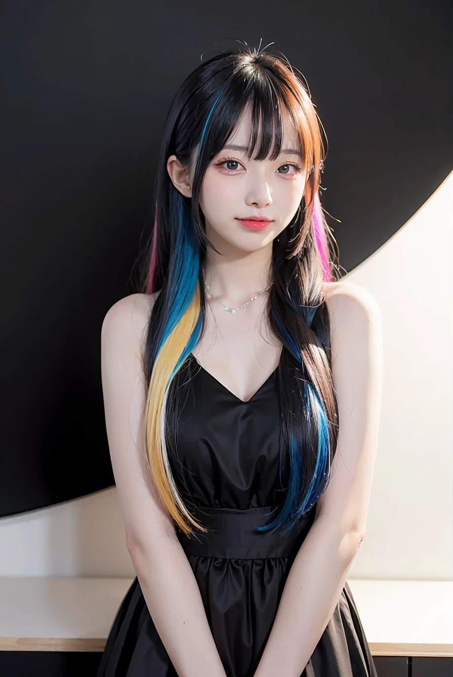 1girl, multi-colored hair with bangs, black formal long dress, white background, <lora:highsstn-02:1>