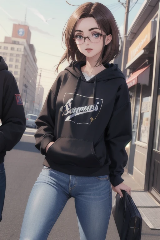 (best quality, high quality, sharp focus:1.3), janetbefore, black hoodie, blue jeans, messy hair