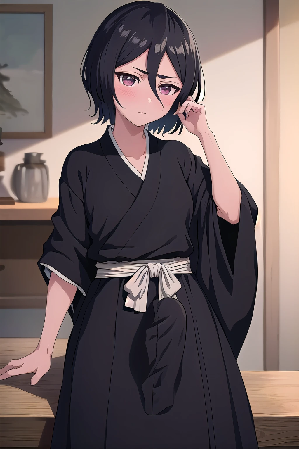 masterpiece, best quality, ultra-high-detailed,erection under clothes, 1girl,  kuchikirukia, black robes, sash