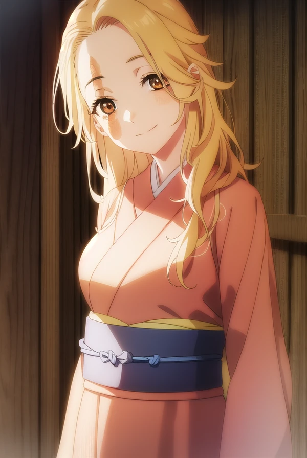 jigokuyui, <lora:jigoku yui s1-lora-nochekaiser:1>,
yui, long hair, blonde hair, (brown eyes:1.5), scar, scar on face, smile,
BREAK long sleeves, japanese clothes, kimono, sash, obi, grey kimono,
BREAK indoors,
BREAK looking at viewer, (cowboy shot:1.5),
BREAK <lyco:GoodHands-beta2:1>, (masterpiece:1.2), best quality, high resolution, unity 8k wallpaper, (illustration:0.8), (beautiful detailed eyes:1.6), extremely detailed face, perfect lighting, extremely detailed CG, (perfect hands, perfect anatomy),