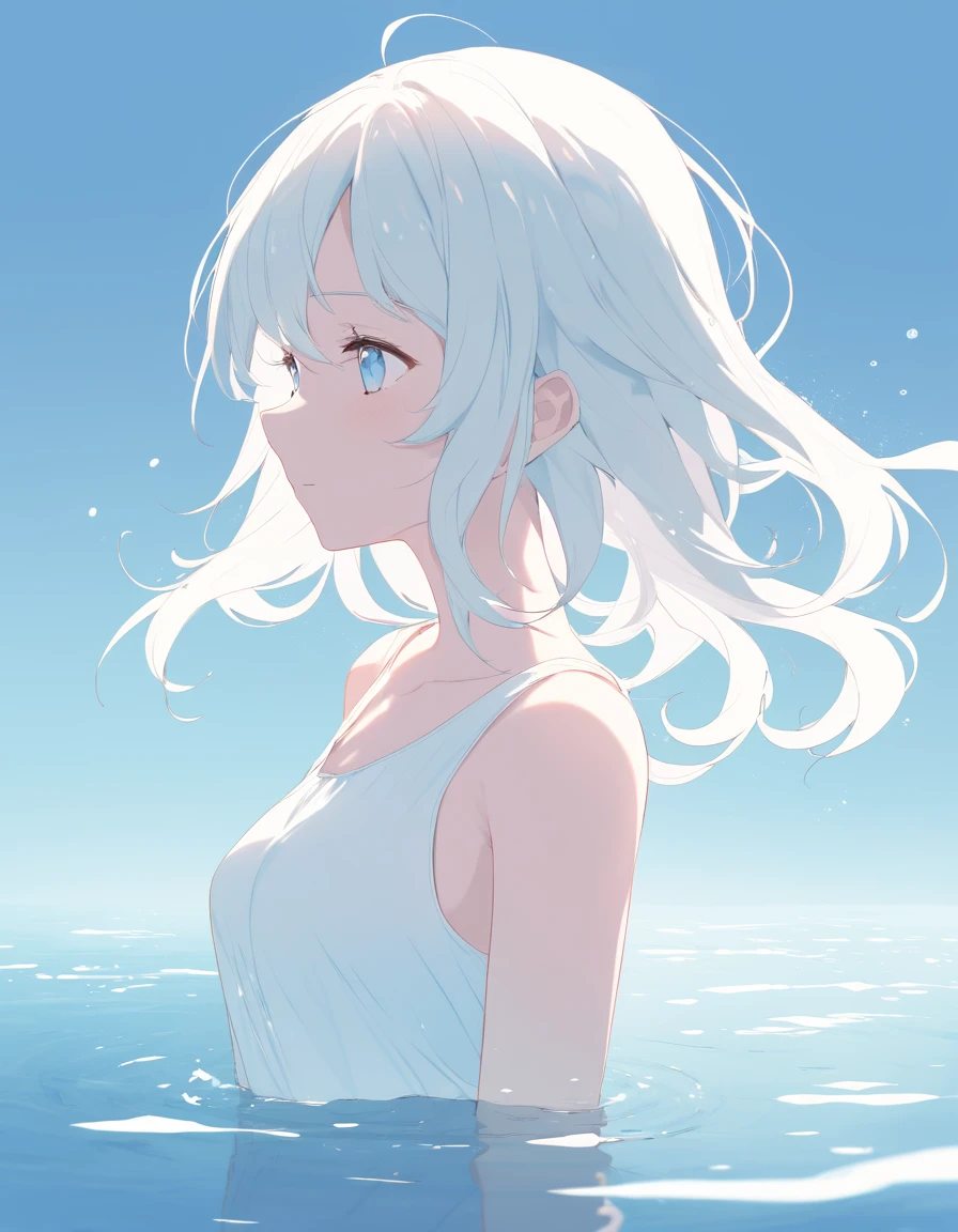 Anime-style female character in water, (long white hair:1.2), (gentle expression:1.1), blue eyes, white tank top, (rippling water effect around body:1.3), sunlight reflecting on water, clear sky, subtle water splashes, high-resolution digital art, soft color palette, tranquil atmosphere, (serene ocean background:1.1), realistic water texture
