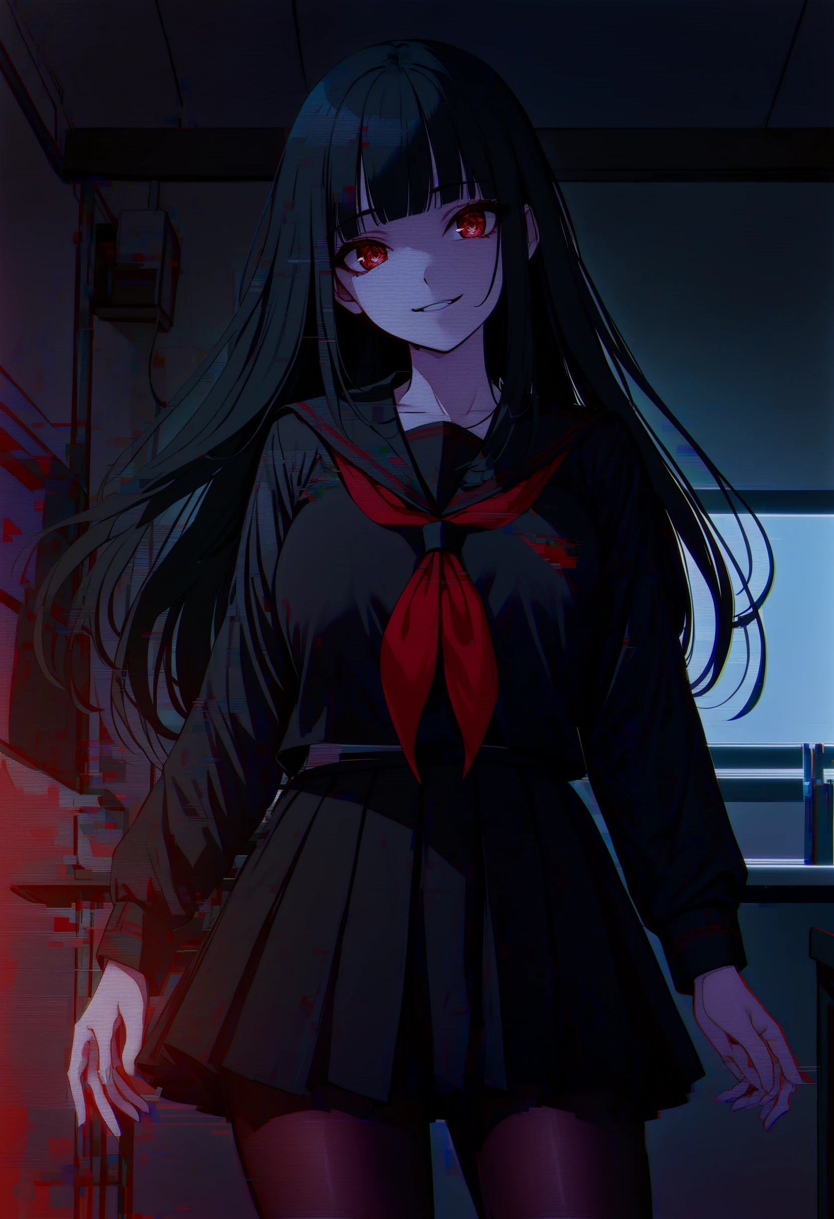 1girl, solo, 
blunt bangs, black hair, long hair, red eyes, pale skin, large breasts, lip, glowing_eyes, 
black serafuku, red neckerchief, long_sleeves, pleated_skirt, black skirt, pantyhose, 
standing, looking_at_viewer, light smile, teeth, wind, 
cowboy_shot, 
classroom, indoors, dark, dark room, night, female focus,
scanlines, glitch, horror_(theme), 
nice hands, perfect hands,
best quality, absurdres, highres, oldest, 
rating: general