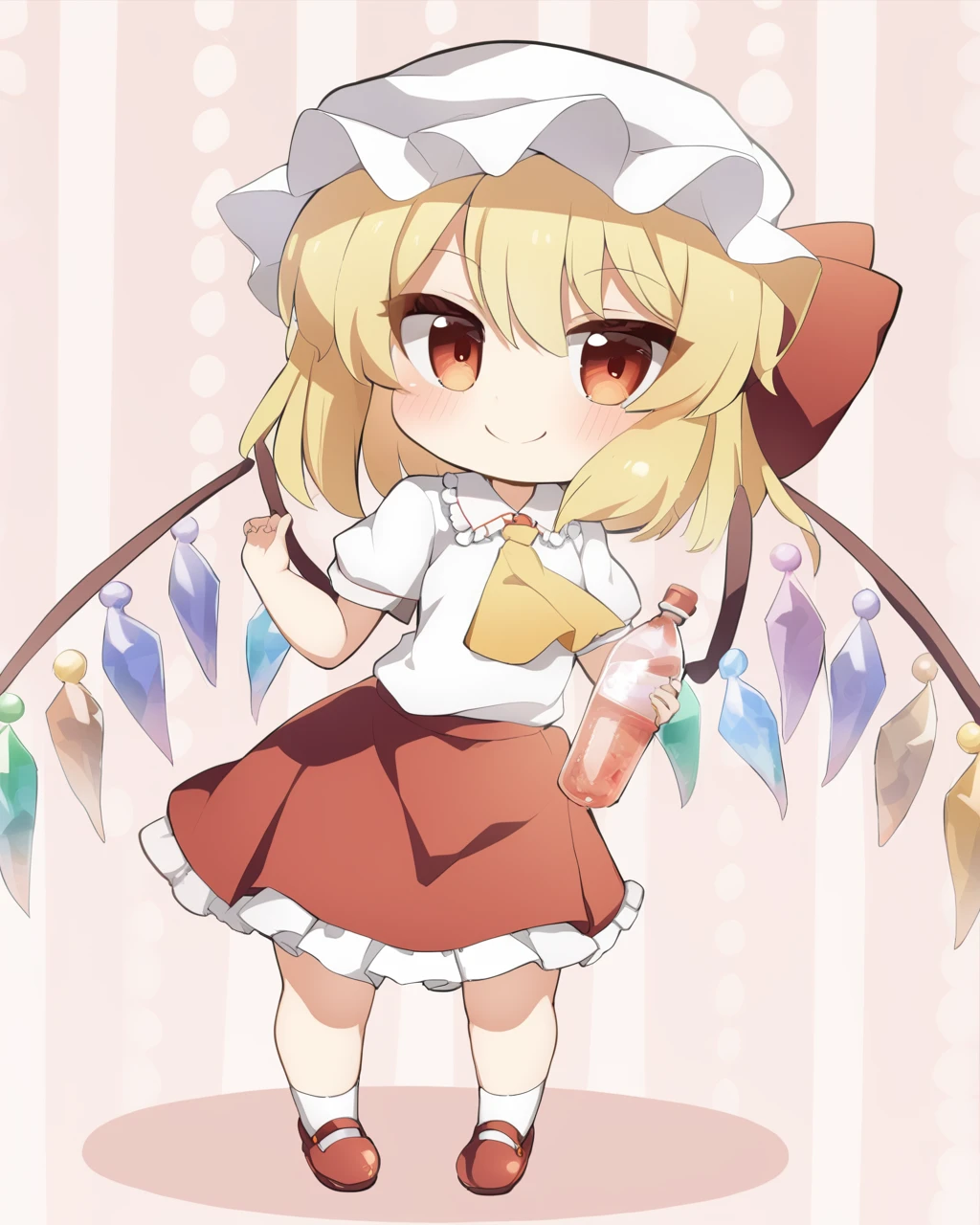 flandre scarlet,solo, 1girl, red_vest, laevatein_\(touhou\), chibi, red_skirt, mob_cap, wings, smile, red_footwear, full_body, white_headwear, white_shirt, short_sleeves, crystal, looking_at_viewer, holding, red_ribbon, yellow_ascot, closed_mouth, blush, white_socks, shoes, frilled_shirt_collar, standing, striped_background, diagonal_stripes, pink_background, frilled_skirt, hat_ribbon, skirt_set
<lora:flandre_scarlet_a3base-000005:1>,masterpiece, best quality