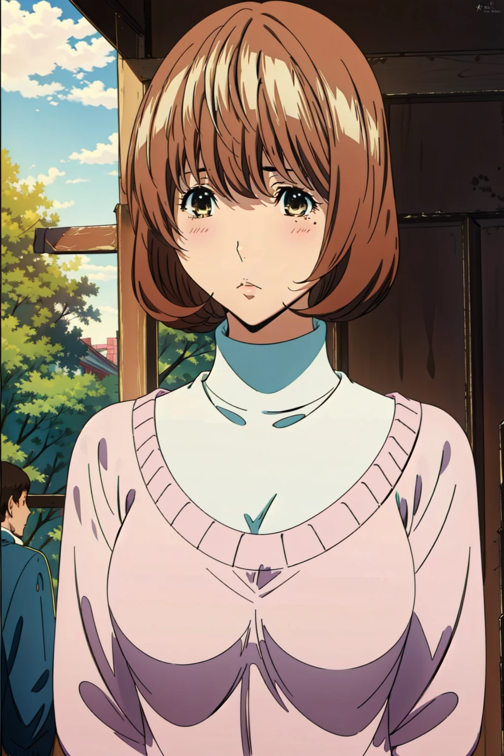 (best quality:1.3), (masterpiece:1.3) 1girl, <lora:aokiyuriko-10:1> aokiko,  pink sweater, white turtleneck,