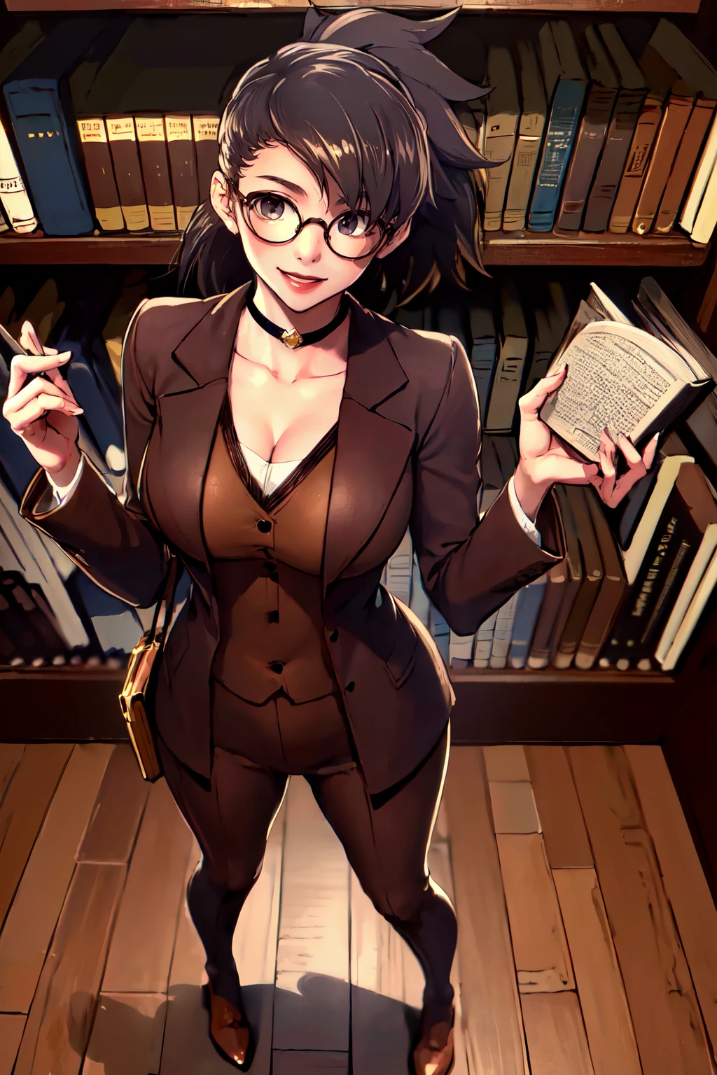 (masterpiece, best quality, highly detailed, ultra detailed, high resolution, absurdres, 4K, 8K:1.2), (official art, incredibly fine illustration, extremely detailed CG, detailed background, professional lighting, dynamic angle, perfect hands, detailed shiny skin, detailed hair, detailed eyes), 1woman, milf, mature woman, long wavy hair, glasses, library, business suit, White shirt, slit skirt, micro skirt, black stockings, garter belt, Black hair, Shiny hair, Shiny skin, cleavage, (((lifted skirt)), (Big ass), (Thick), (Fear expression), Be red in the face, Young little man butt touching woman from behind 1,(((The young man pressed his chest against Woman 1's back))) and (((Hold her waist behind you))), stack of books,