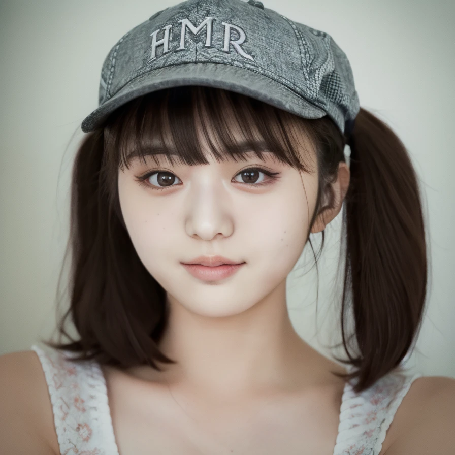 1girl,masterpiece, photorealistic, detailed, RAW color photo,(fully in frame:1.1), <lora:m0akiku_256_16:1.3>,m0akiku,bangs, pigtails, detailed skin texture, (blush:0.5), (goosebumps:0.5),woman, wearing a baseball cap,
