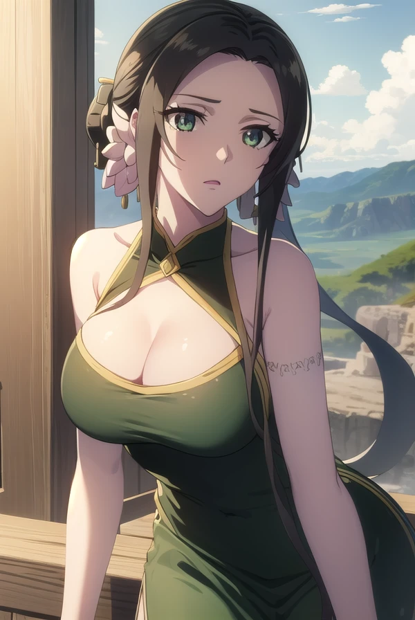 osthourai, <lora:ost hourai s2-lora-nochekaiser:1>,
ost hourai, long hair, black hair, (green eyes:1.3), (parted bangs:1.5), hair bun, single hair bun, flower, hair ornament, hair flower,
BREAK dress, cleavage, bare shoulders, clothing cutout, tattoo, chinese clothes, cleavage cutout, china dress,
BREAK outdoors, forest, nature, sky, sun, clouds,
BREAK looking at viewer, (cowboy shot:1.5),
BREAK <lyco:GoodHands-beta2:1>, (masterpiece:1.2), best quality, high resolution, unity 8k wallpaper, (illustration:0.8), (beautiful detailed eyes:1.6), extremely detailed face, perfect lighting, extremely detailed CG, (perfect hands, perfect anatomy),