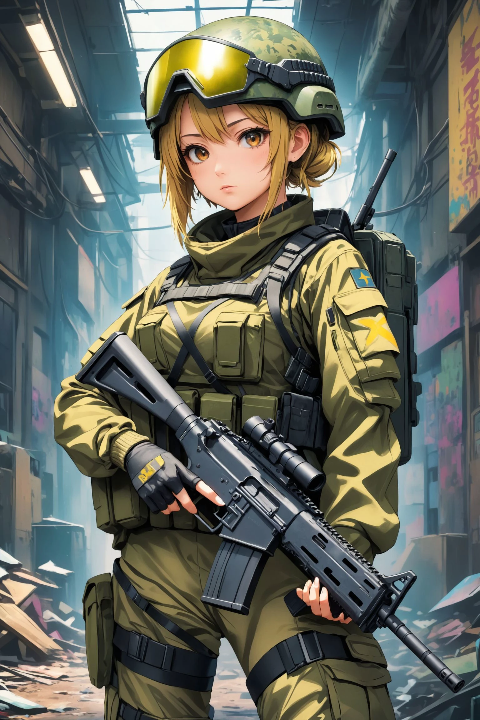 anime artwork masterpiece, best quality, HDR, soldier girl, , holding an assault rifle military armor, ratnik, kevlar helmet, cammo paint, (cyberpunk:0.8), gritty, dirty, clutter, film grain, <lora:more_details:1> . anime style, key visual, vibrant, studio anime,  highly detailed