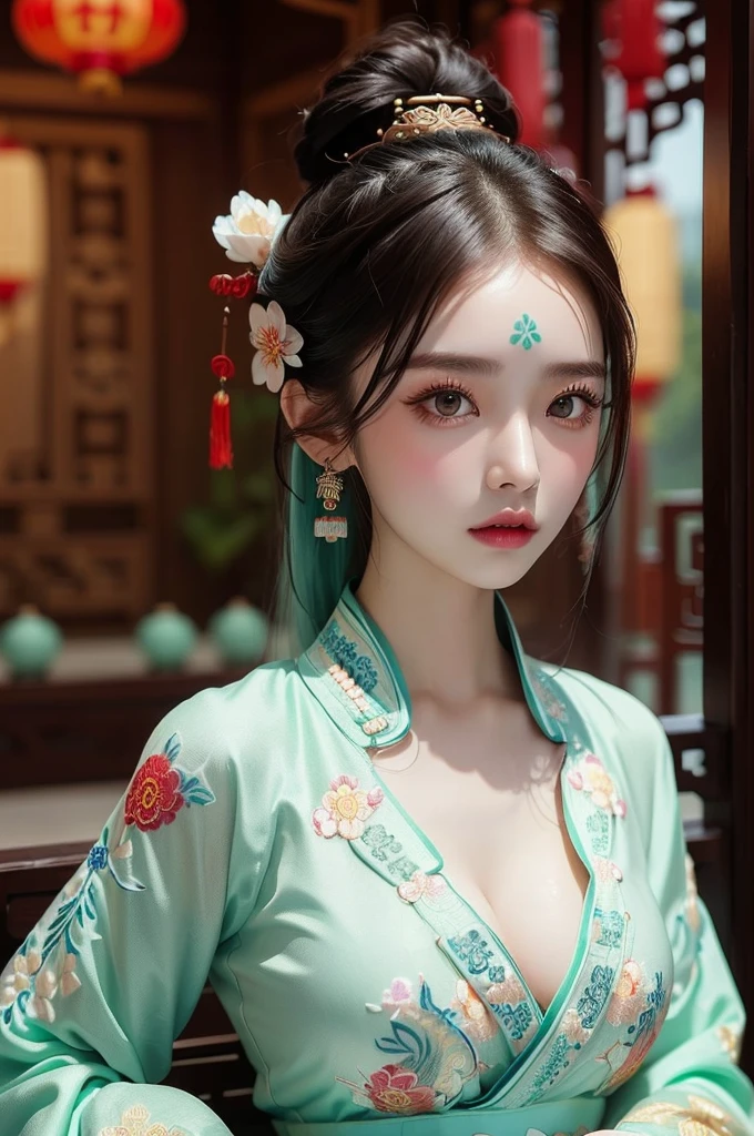 Photographic, Realistic,
Modelshoot, HD,
(Chinese girl), (Chinese model),
upper body, Eyebrows are neatly arranged,
The tip of the chin is rounded,
The forehead is wide, the protrusion is rounded, smooth and beautiful), leg, (Hanfu), queen, Cosplay photo, (huge breast), (bra), looking at viewer