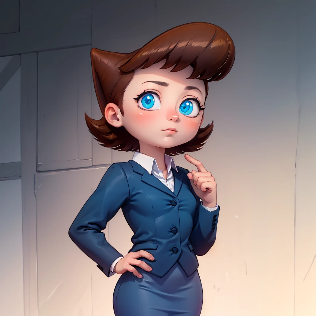 solo, portrait, 1girl, Lila test, formal, suit, jacket, blue skirt, pencil skirt , blue eyes, brown hair, white shirt, short hair,   <lora:Lila_Test_Leaf2AnyV2_0606:0.6>, gradient background,