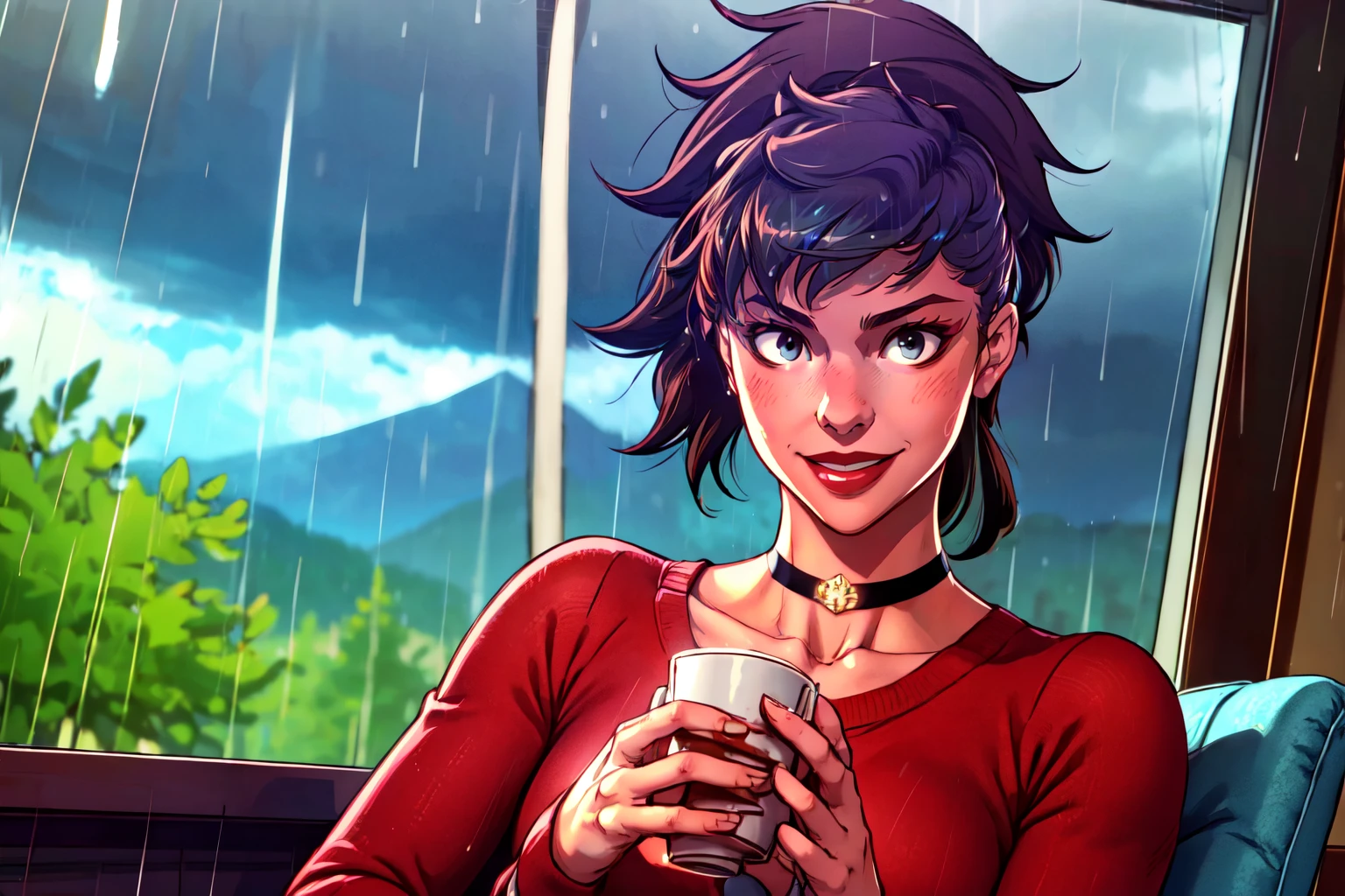 ((,upper body, wearing red sweater, cute smile rain, sitting in a cafe holding a cup of tea)), beautiful eyes, beautiful girl, high detail skin, high detail eyes, high detail hair, highres, ultra detailed, sharpen picture, Highly detailed, masterpiece, best quality, photorealistic, <lora:ChoahLoRA:1> 1girl, dark grey, short hair, ponytail, choker, blue brown pants, belt,