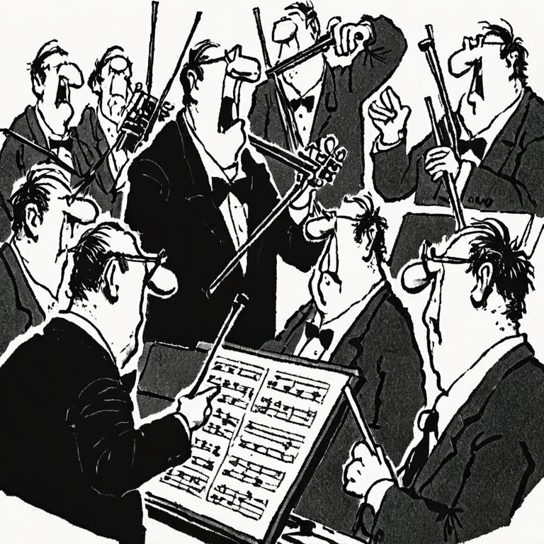 a black and white newspaper comic illustration of Herman, a man conducting an orchestra by Jim Unger <lora:Herman_Style_XL:1>
