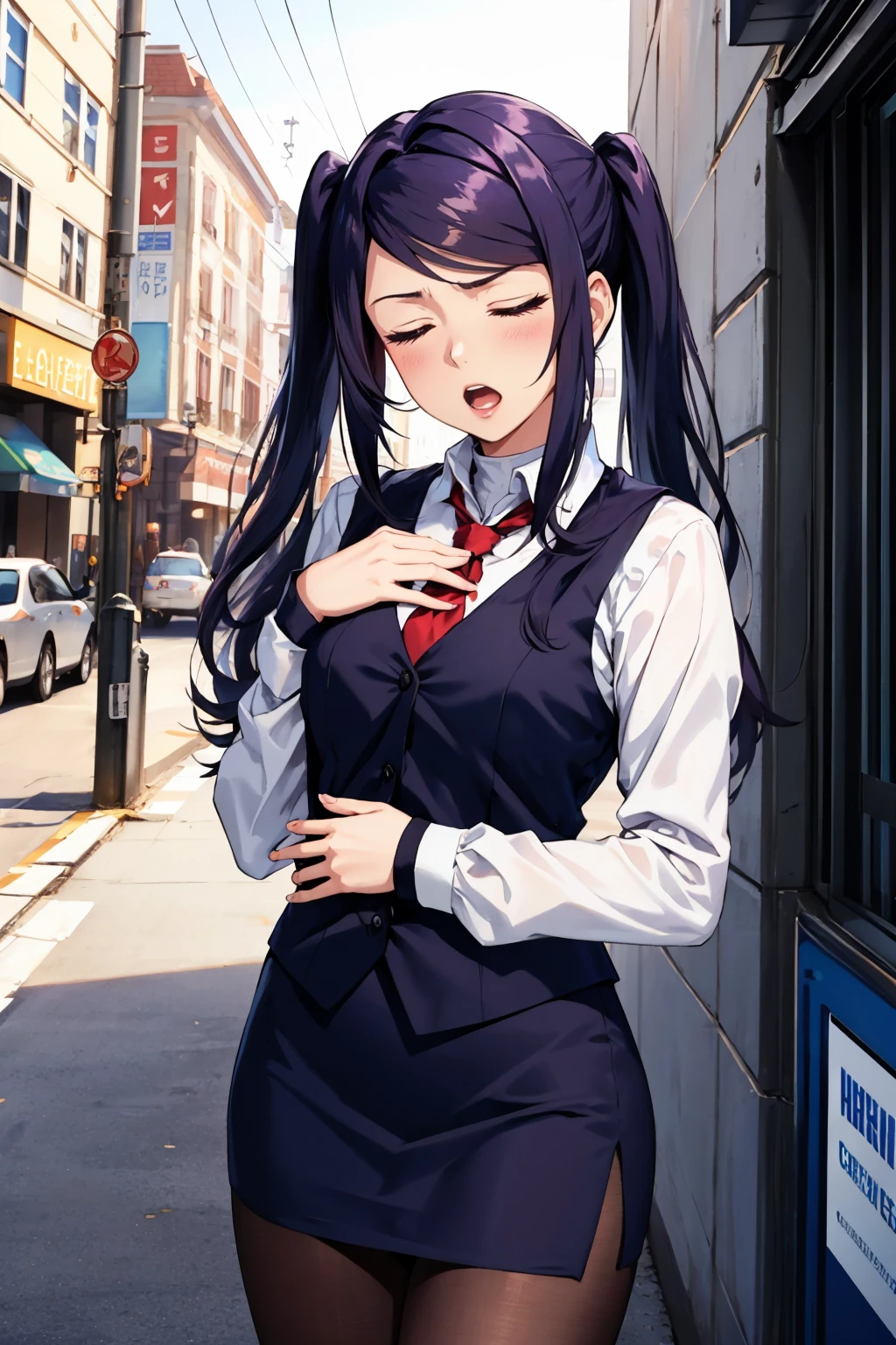 masterpiece, best quality, <lora:jillstingray-nvwls-v1-000009:0.9> defJill, twintails, collared shirt, turtleneck, long sleeves, red necktie, vest, black skirt, pantyhose, closed eyes, sigh, open mouth, annoyed, hand on own chest, cowboy shot, looking at viewer, outdoors, city