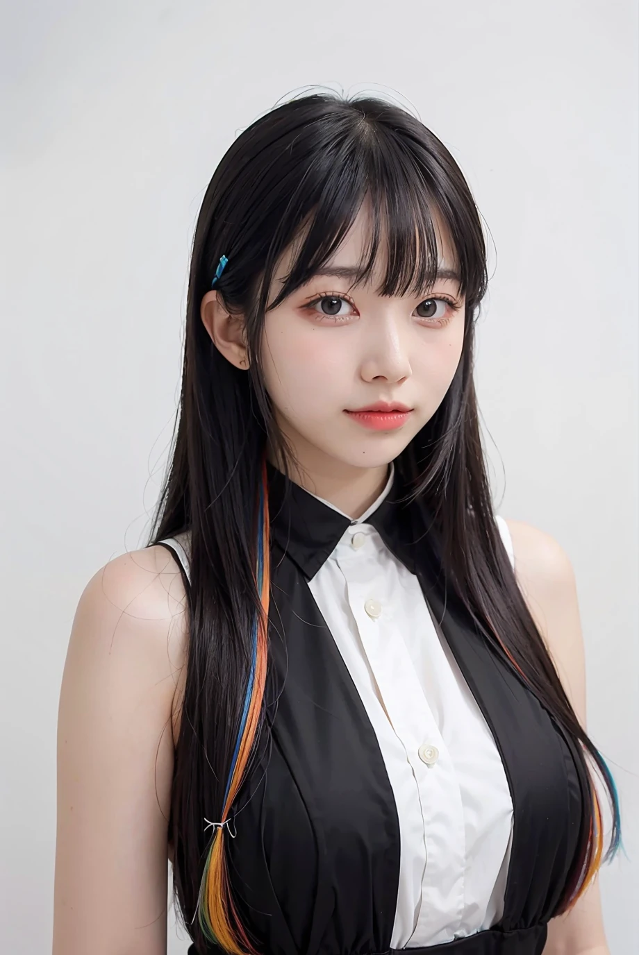 1girl, multi-colored hair with bangs, black formal long dress, white background, <lora:highsstn-02:1>