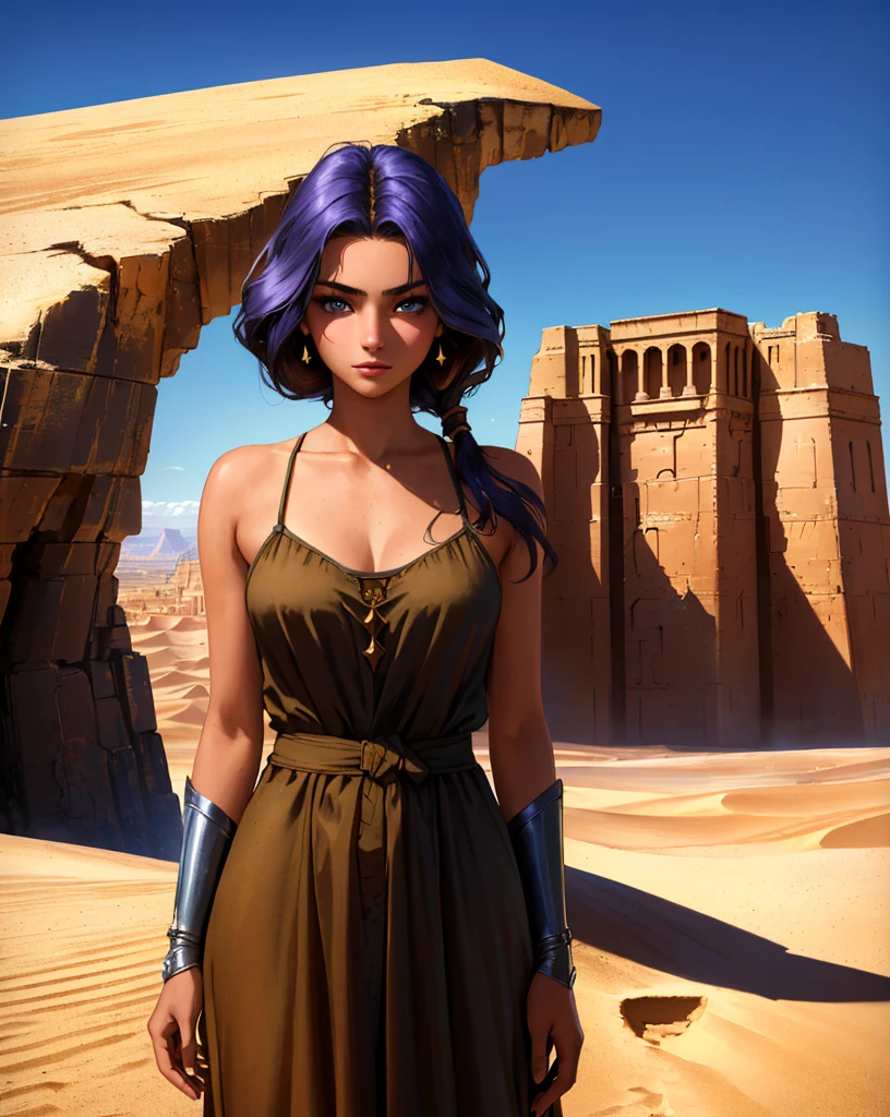 chica de cuerpo entero vestida de oficina su cabello es de color violeta camina pensatica por un palacio del desierto