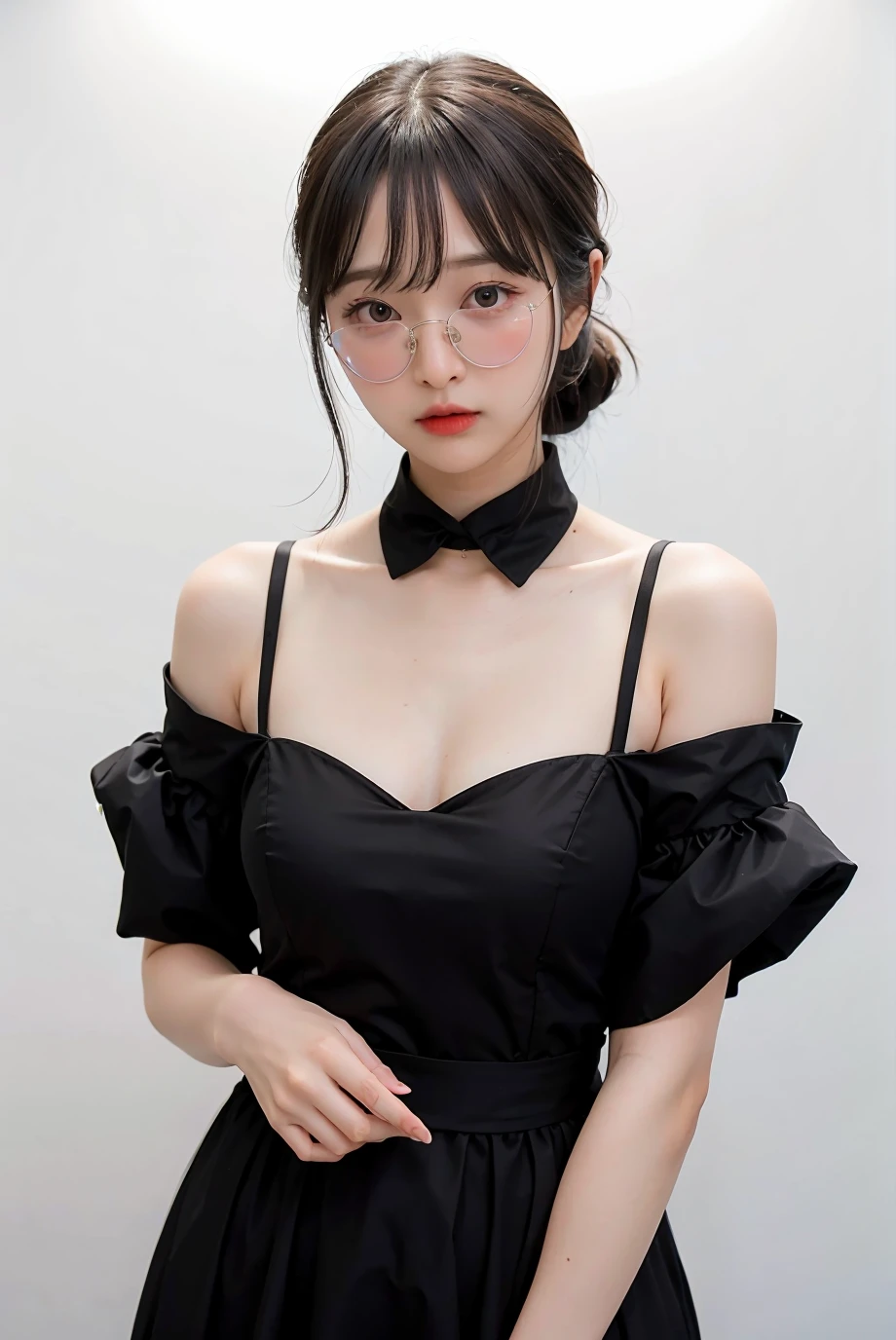 1girl, hair with bangs, black formal long dress, white background, <lora:Deerlong-02:1>