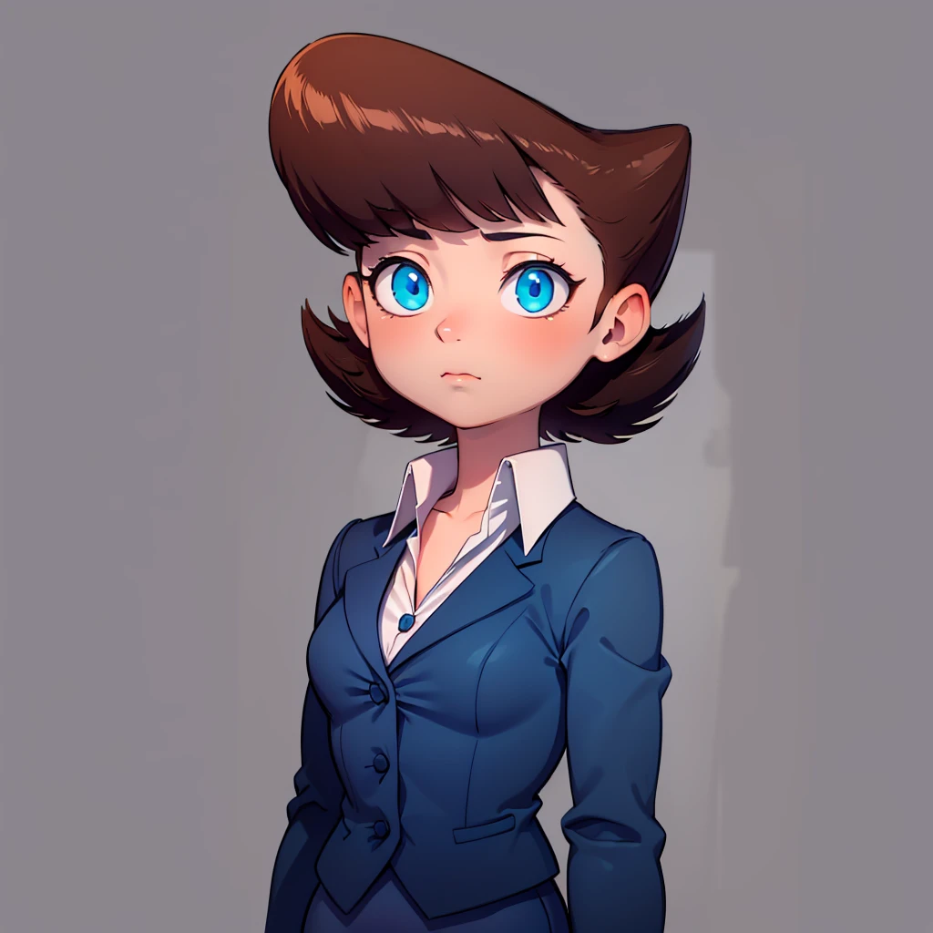 solo, 1girl, portrait, Lila test, formal, suit, jacket, blue skirt, pencil skirt , blue eyes, brown hair, white shirt, short hair,   <lora:Lila_Test_Leaf2AnyV2_0606:0.6>, simple background,