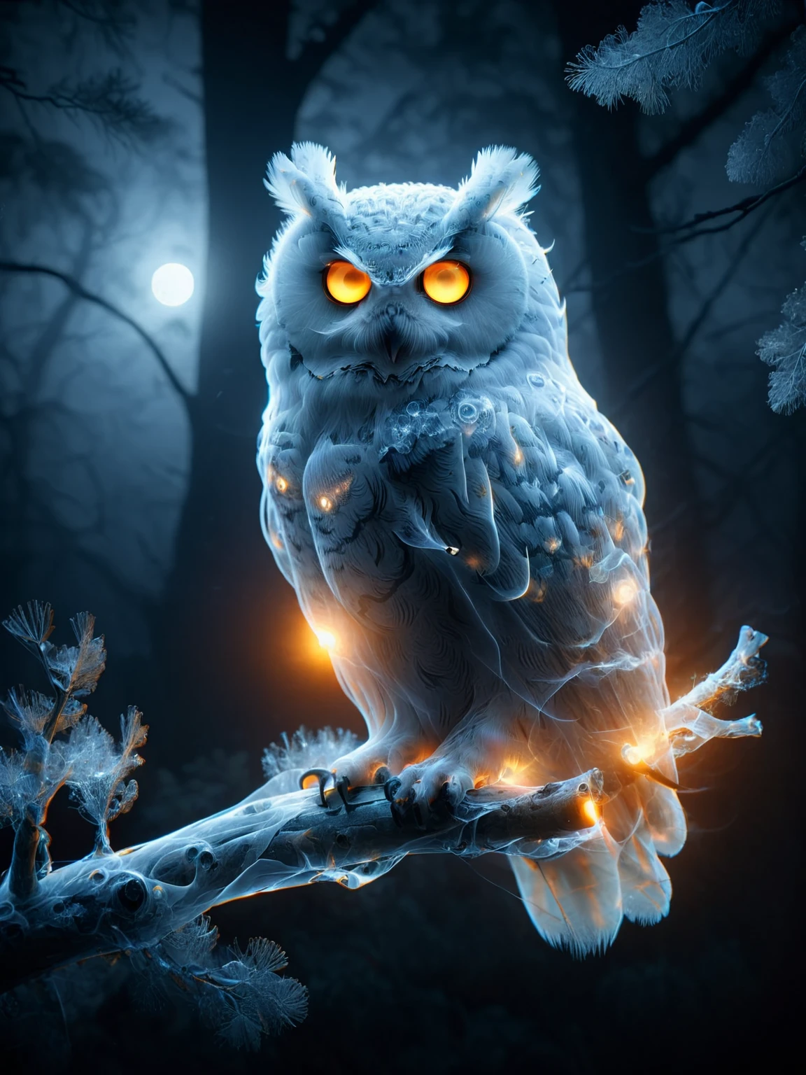 ais-ghostly owl perched on a branch, with glowing eyes in a dark, haunted forest <lora:Ghostly_Style_SDXL:1>