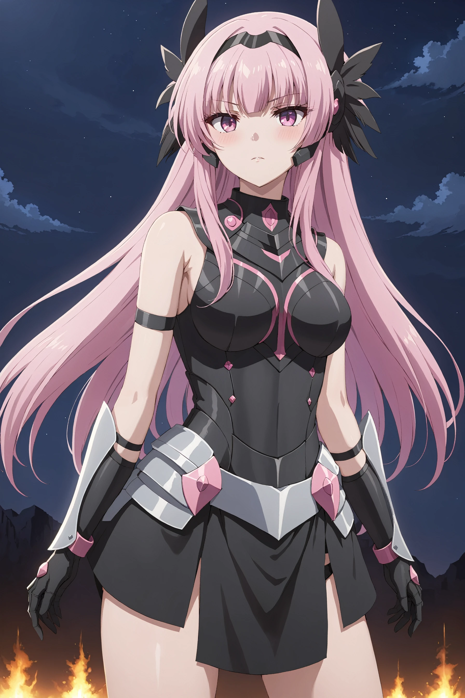 masterpiece, best quality, solo, standing, melfina, pink hair,  pink eyes, black headgear, black hairband, black armor, evil armor, armored gloves, bare shoulders, thick thighs, black miniskirt, night sky background <lora:melfina-animaginexl-1:0.6>