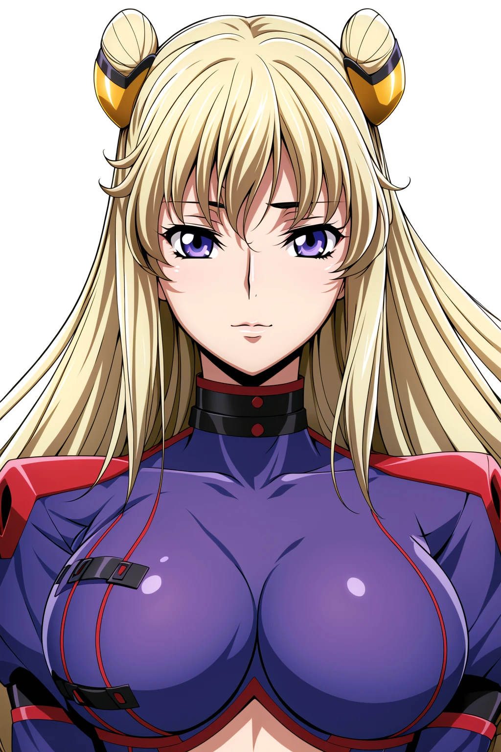 Simple White Background,
purple bodysuit,choker, long sleeves,
<lora:Leila_Malcal_codegeassakito-KK77-V1:0.7>,
blabluek eyes, blonde hair,bangs,Long hair,twintails, hair ornament,
<lora:Oda_Non_Style-KK77-V2:0.3>,<lora:more_details:0.1>,
1 girl, 20yo,Young female,Beautiful long legs,Beautiful body,
Beautiful Nose,Beautiful character design, perfect eyes, perfect face,expressive eyes,perfect balance,
looking at viewer,(Focus on her face),closed mouth, (innocent_big_eyes:1.0),(Light_Smile:0.3),
official art,extremely detailed CG unity 8k wallpaper, perfect lighting,Colorful, Bright_Front_face_Lighting,White skin,
(masterpiece:1.0),(best_quality:1.0), ultra high res,4K,ultra-detailed,
photography, 8K, HDR, highres, absurdres:1.2, Kodak portra 400, film grain, blurry background, bokeh:1.2, lens flare, (vibrant_color:1.2),professional photograph,
(Beautiful,large_Breasts:1.0), (beautiful_face:1.5),(narrow_waist),