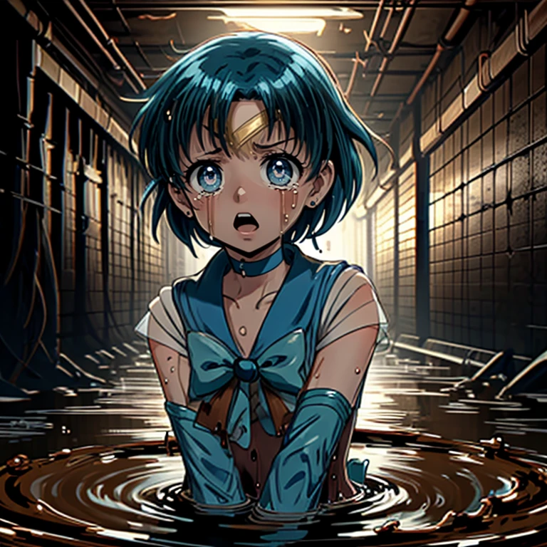 ((top quality, 8k wallpaper)),(masterpiece, best quality),extremely detailed,high definition,(official art:1.3),(((anime screencap,black outline))),<lora:more_details:0.3>,<lora:LCM_LoRA_Weights_SD15:1>,1girl,solo,scared,panicking,constricted pupils,screaming,raised eyebrows,wide-eyed,crying,tears, BREAK <lora:mercury_v2:1>,mer1,tiara,blue hair, sailor senshi uniform,blue sailor collar,bow,knee boots,choker,white gloves,blue choker,elbow gloves,jewelry,earrings,blue skirt, BREAK <lora:sewageSubmerge:0.4>,(((partially submerged,brown slime (substance),submerged,guro,wet,brown food on head))),