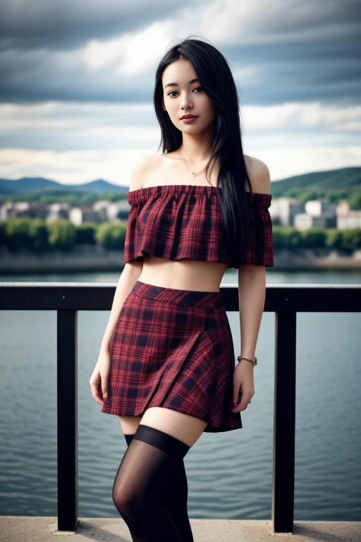 1 woman, 22yo, realistic, masterpiece, high detailed skin, looking at viewer, full body shot, scenic view, long hair, black hair
microskirt, thighhighs, red plaid skirt, red plaid off shoulder crop top , fishnets<lora: