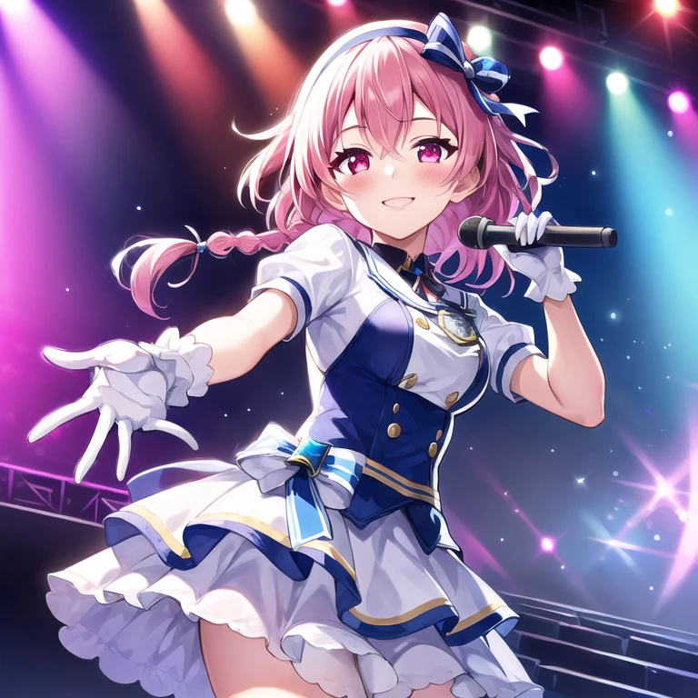 ast_dina, 1girl, solo, hair ribbon, braids, hairband, blush, white idol dress, stage, stage lights, smile, white gloves, badge,