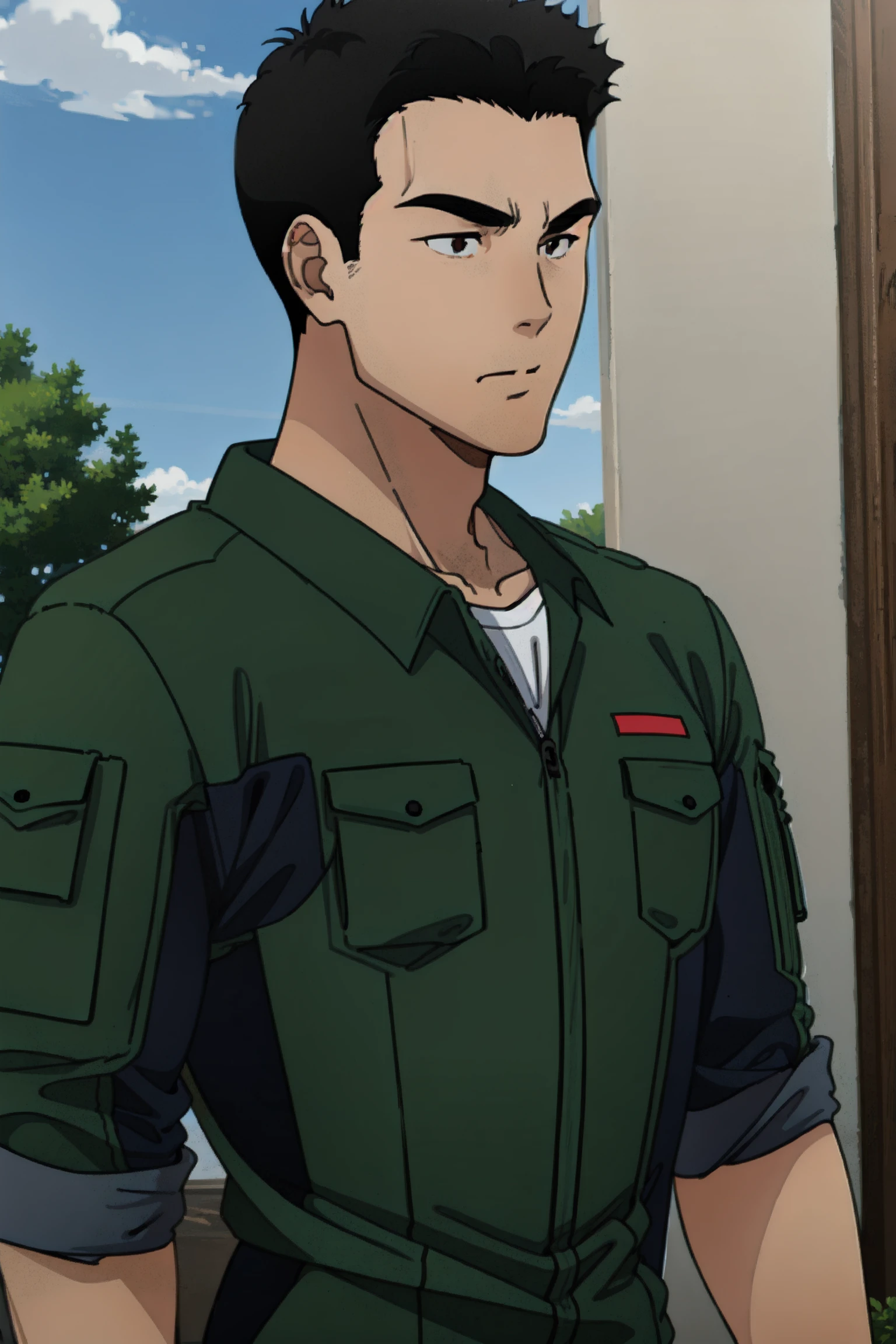 (best_quality,anime_screencap),(1boy,isami_ao),upper_body,outdoors,japan_self-defense_force,green_suit,<lora:isami_v1:1>,