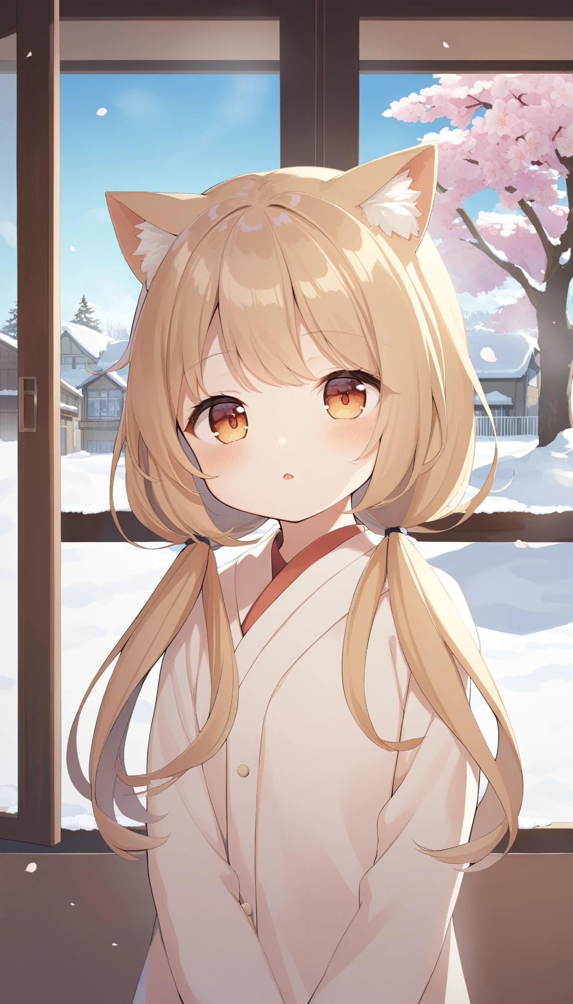 1girl, child, long hair, low twintails, fuzzy twintails, light brown hair, cat ears, animal ear fluff, cat eyes, bedroom, window, cherry blossoms, winter,snow, morning, portrait, upper body