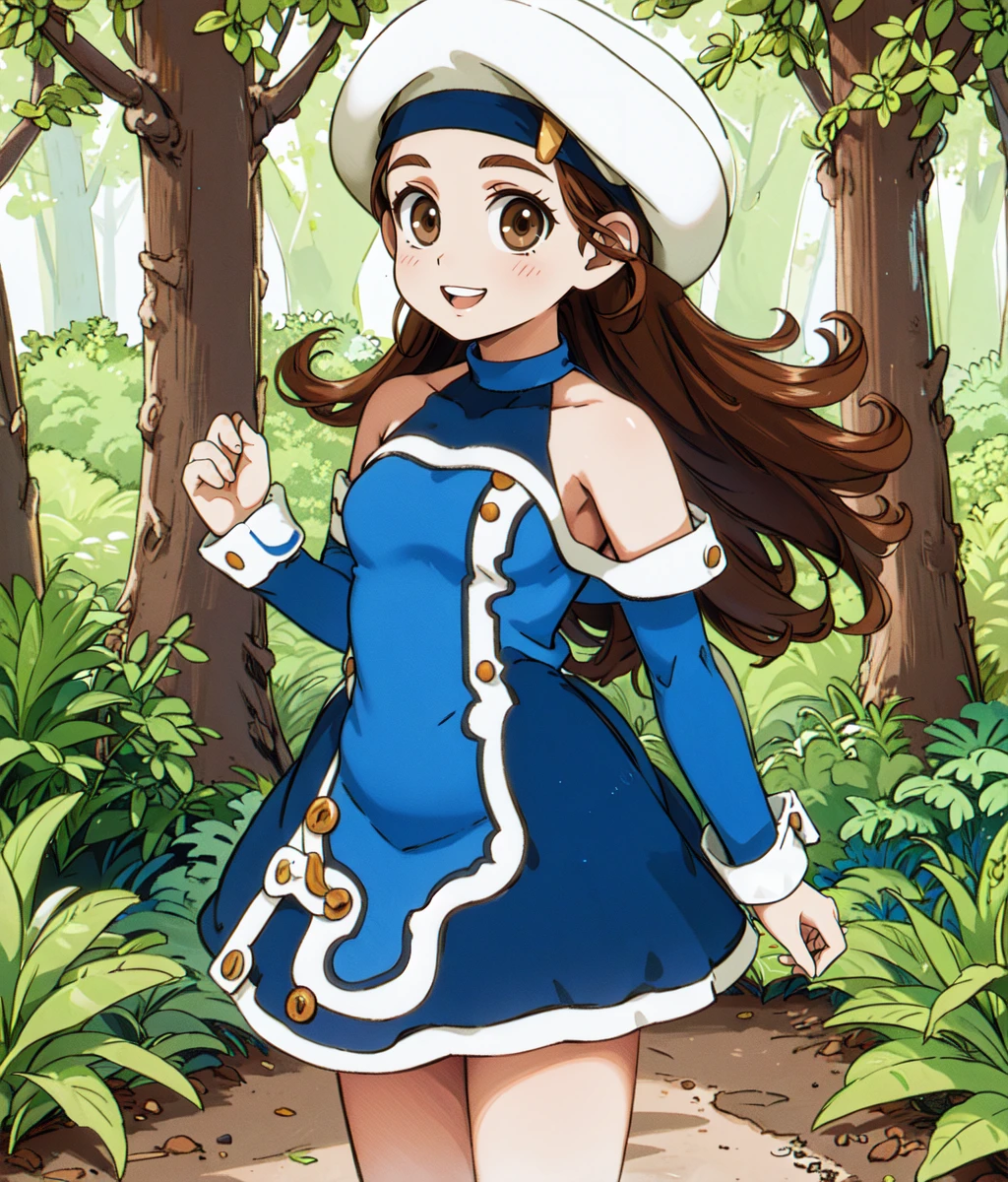 masterpiece, high res, detailed face, detailed eyes, 1 girl, solo, brown hair, brown eyes, long hair, white cap, blue dress, exposed shoulders, smile, standing, full body, outdoors, forest , cowboy shot <lora:Millie:1>