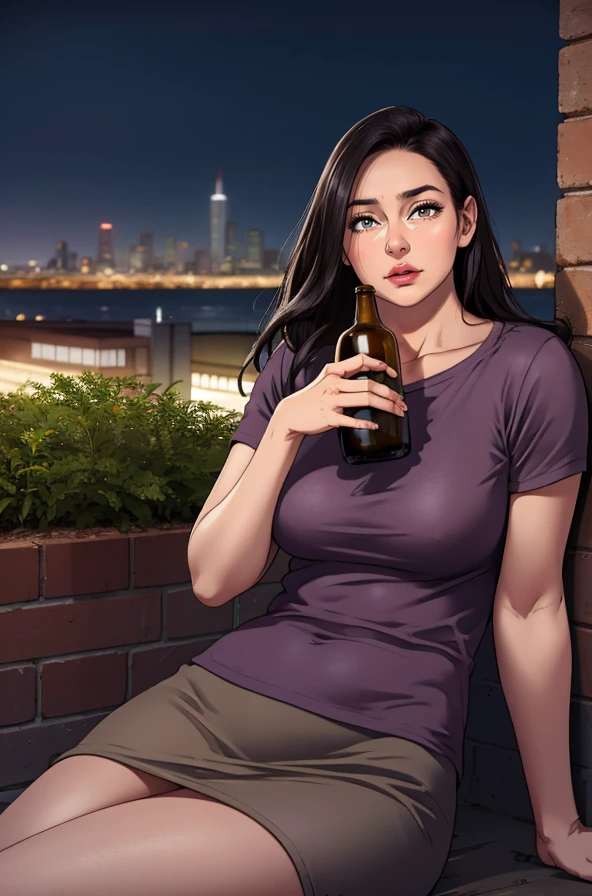 a middle aged korean woman drinking a bottle of beer,long hair,terrace,windy,sitting,skirt,plant, night sky, twilight, city skyline, against parapet wall,<lora:octopssy_v4LOR-lor-24:0.65>,(sharp focus, HDR, absurdres, masterpiece, extremely detailed, realistic, warm soft lighting:1.2),