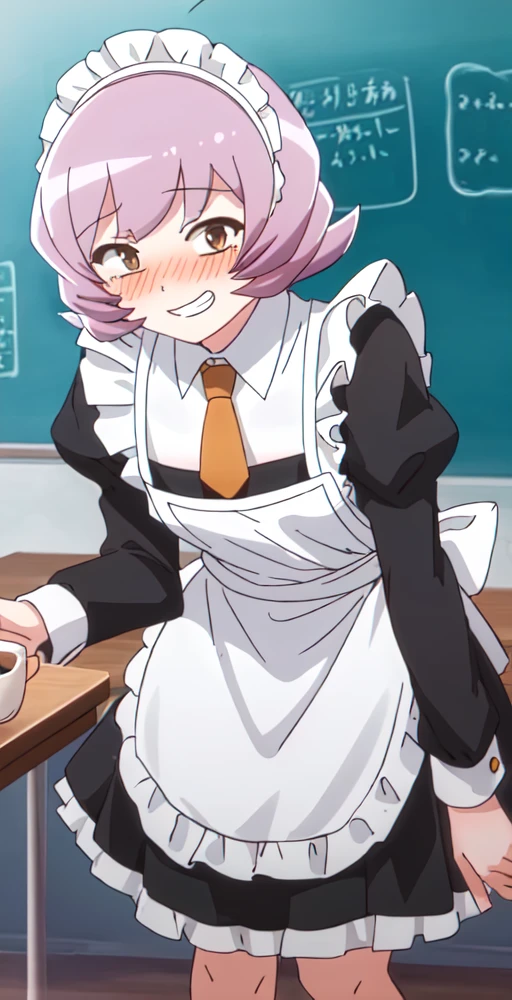 ON, 1girl, solo, portrait, blushing, grin, flat chest, maid head dress, maid uniform, short skirt, frills, frilled apron, leaning forward, shop, cafe, coffee, perfect quality, good quality, masterpiece, HDR, UHD <lora:Osana Najimi:0.7>