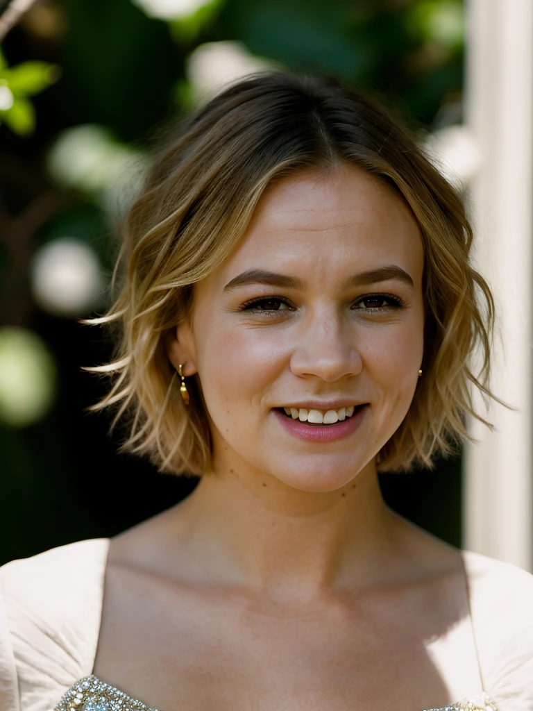Realistic photo of a beautiful c4r3ym woman,1girl,solo,looking at viewer,smile,short hair,blonde hair,brown eyes,jewelry,earrings,parted lips,teeth,blurry,lips,portrait,realistic, soft lighting, professional Photography, Photorealistic, detailed, RAW, analog, sharp focus, 8k, HD, high quality, masterpiece<lora:c4r3ym:1.0>