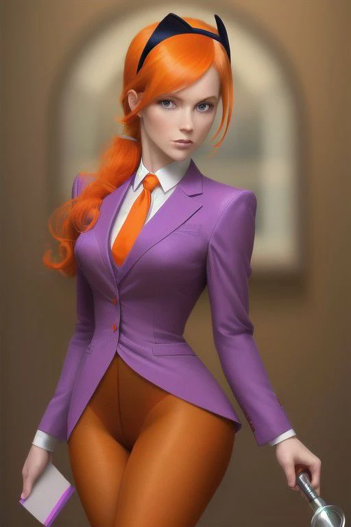 dbv1, orange hair, hairband, wearing a purple suit, pink pantyhose, holding a magnifying glass looking for clues