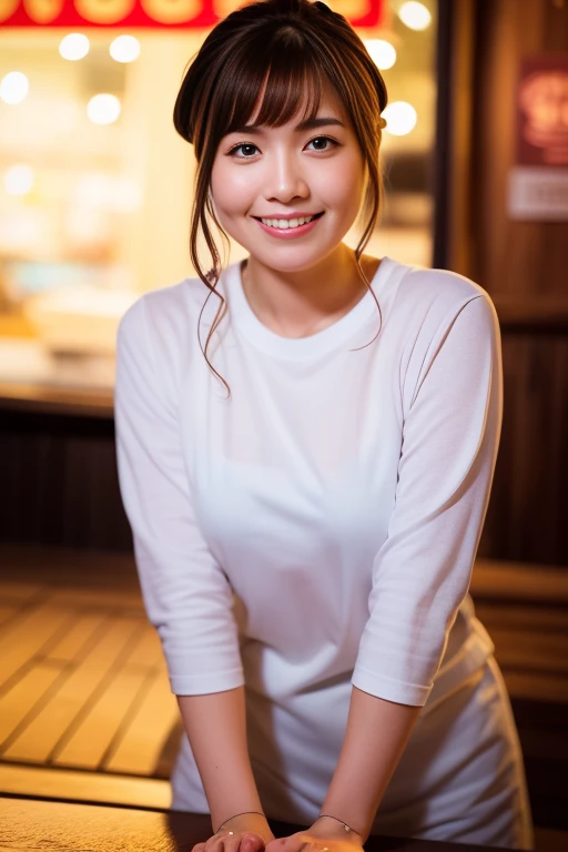 1girl,(RAW photo, best quality), (realistic, photo-realistic:1.4), masterpiece, an extremely delicate and beautiful, extremely detailed, 2k wallpaper, Amazing, finely detail, extremely detailed CG unity 8k wallpaper, ultra-detailed, highres, soft light, beautiful detailed girl, extremely detailed eyes and face, beautiful detailed nose, beautiful detailed eyes,cinematic lighting,perfect anatomy,slender body,smiling 
in front of izakaya,narrow street like kowloon,lights reflected on wet floor,after rain,night time,shop sign lights,winter night
 <lora:noguchiyuri_lora:0.8>