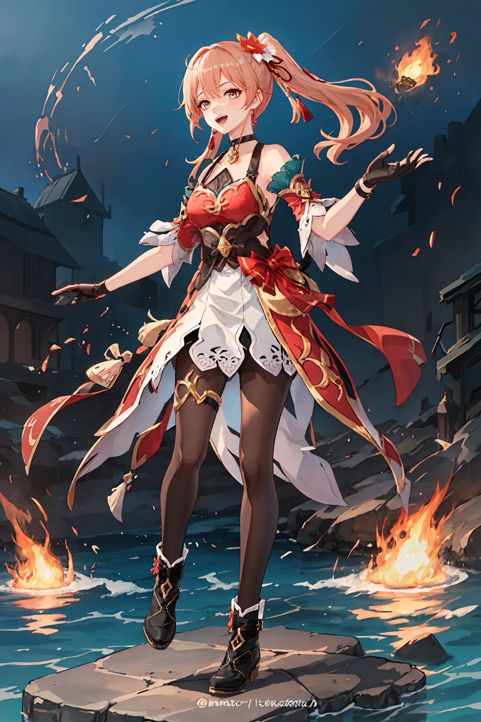 1girl, guinaifen \(honkai: star rail\), side ponytail, solo, black gloves, brown pantyhose, hair ornament, halter dress, pendant choker, side ponytail, full body, detached sleeves, thigh strap, ankle boots, looking at viewer, smile, open mouth, full body, legs up, floating, midair, explosion, fire, depth of field, masterpiece