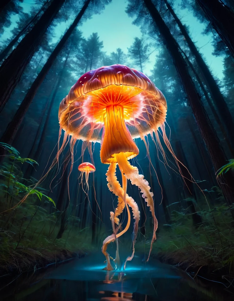 colorful slimey glowing jellyfish mushroom, nature, forest, outdoors, tree, walking, water, at night, bright sky, ral-toiletpaper fireflies <lora:ral-toiletpaper-sdxl:1> made of ral-toiletpaper