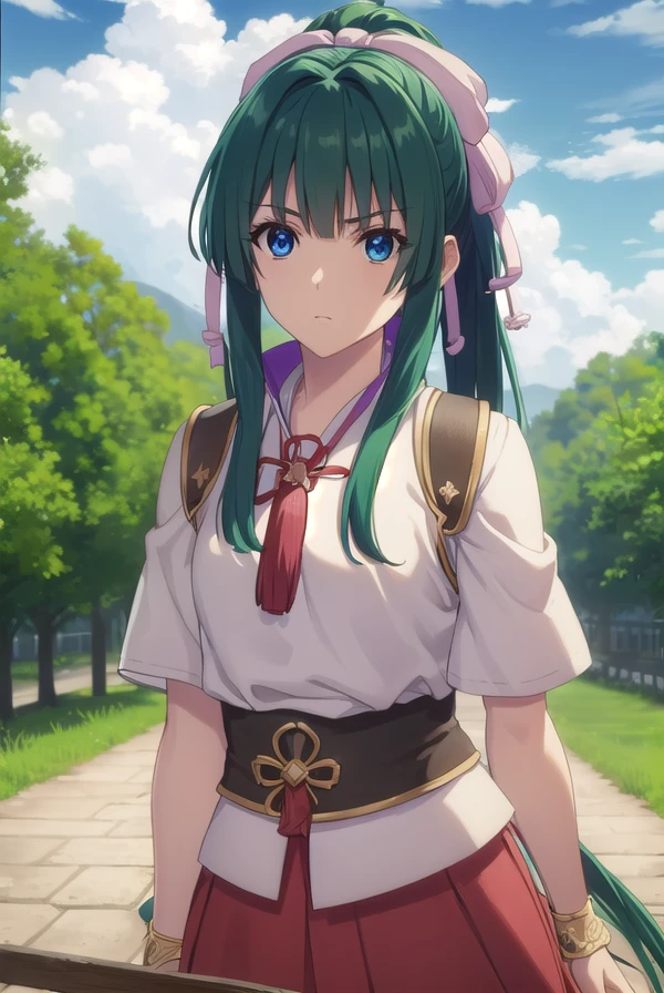 yomogiemarl, <lora:yomogi emarl s2-lora-nochekaiser:1>,
yomogi emarl, long hair, bangs, blue eyes, hair ornament, bow, hair bow, ponytail, green hair, hair intakes,
BREAK skirt, japanese clothes, hakama, hakama skirt,
BREAK outdoors, forest, nature, sky, sun, clouds,
BREAK looking at viewer, (cowboy shot:1.5),
BREAK <lyco:GoodHands-beta2:1>, (masterpiece:1.2), best quality, high resolution, unity 8k wallpaper, (illustration:0.8), (beautiful detailed eyes:1.6), extremely detailed face, perfect lighting, extremely detailed CG, (perfect hands, perfect anatomy),