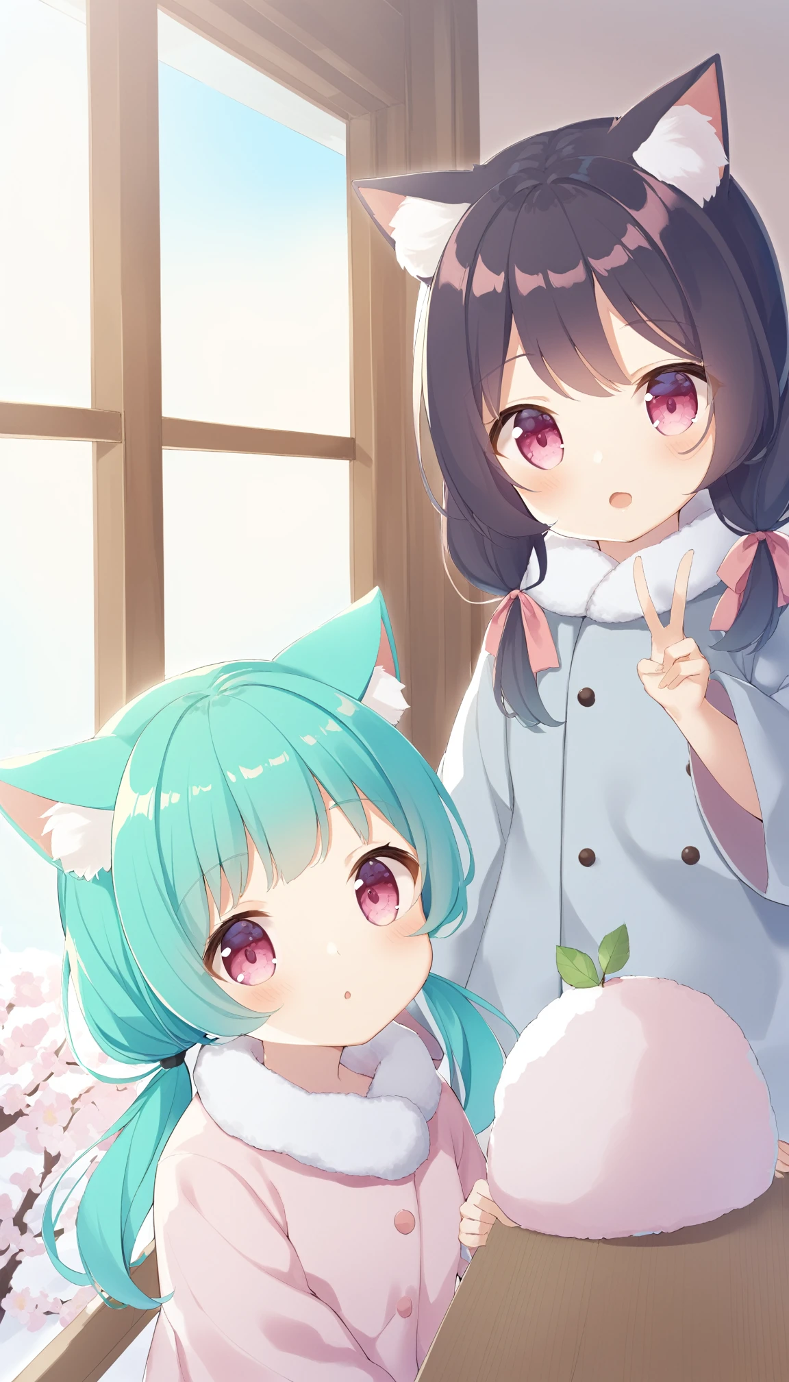 1girl, child, long hair, low twintails, fuzzy twintails, aqua hair, cat ears, animal ear fluff, pink eyes, bedroom, window, cherry blossoms, winter,snow, noon, portrait, upper body, v, double peace