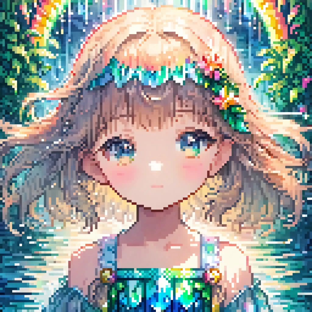 <lora:pixel_stormXL:1>,pixel art,
8k Wallpaper,grand,(((masterpiece))), (((best quality))), ((ultra-detailed)), (illustration), ((an extremely delicate and beautiful)),dynamic angle,rainbow hair,detailed cute anime face,((little girl)),(((masterpiece))),an extremely delicate and beautiful girl,flower,cry,water,corrugated,flowers tire,broken glass,(broken screen),atlantis,transparent glass