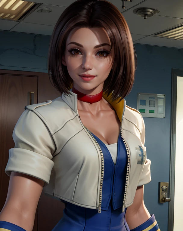 Alice.brown hair,short hair,brown eyes,cleavage,
choker,white, cropped jacket,jacket,gloves,skirt,
standing, upperbody, smile, 
hospital room. 
 (insanely detailed, beautiful detailed face, masterpiece, best quality) 
 