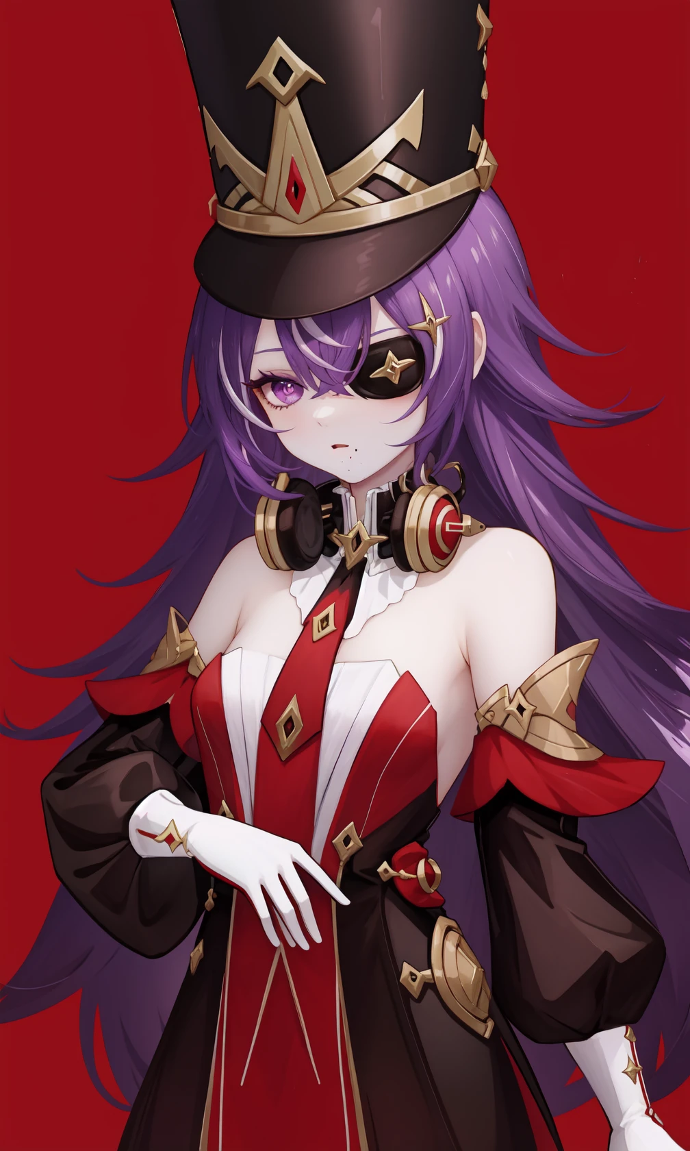 <lora:å¤æ²è¾-000019:1>,Chevreuse, 1girl, purple eyes, purple hair, solo, hat, long hair, eyepatch, gloves, headphones, red background, looking at viewer, necktie, uniform, simple background, detached sleeves, mole, headphones around neck, bare shoulders, 1girl,
,  (masterpiece,best quality:1.2),absurdres