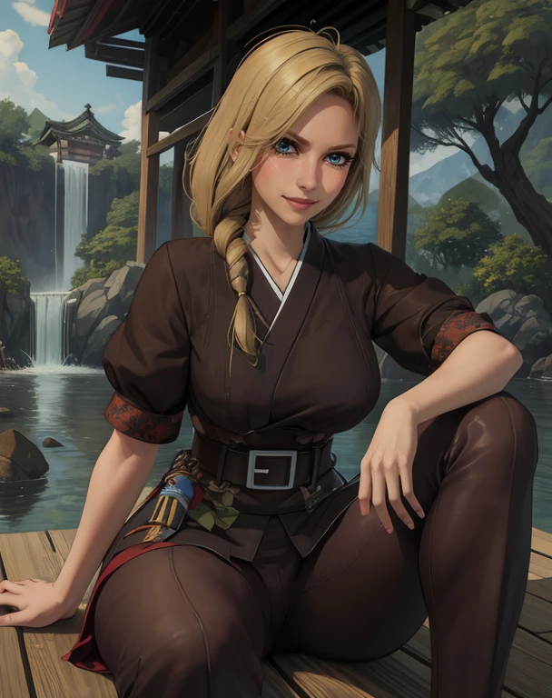 Maria,blonde hair,blue eyes,braid over shoulder,single braid,blush,
pants,belt,smile,looking at viewer,
brown dress,short sleeves,
sitting,
outdoors,shore,
edo_japan,underworld,
(insanely detailed, beautiful detailed face, masterpiece, best quality),solo,<lora:maria:0.8>,