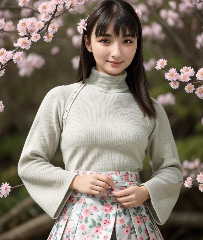 <m1sk0>, woman, nature asian, Flowering, intricate, skirt, (Japanese dress, turtleneck), close portrait photo, smile, close portrait photo, seductive pose