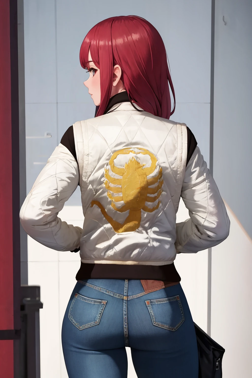 masterpiece, best quality, 1girl, solo, <lora:drivejacket-outfit-richy-v1:1> print jacket, white jacket, from behind, standing, jeans
